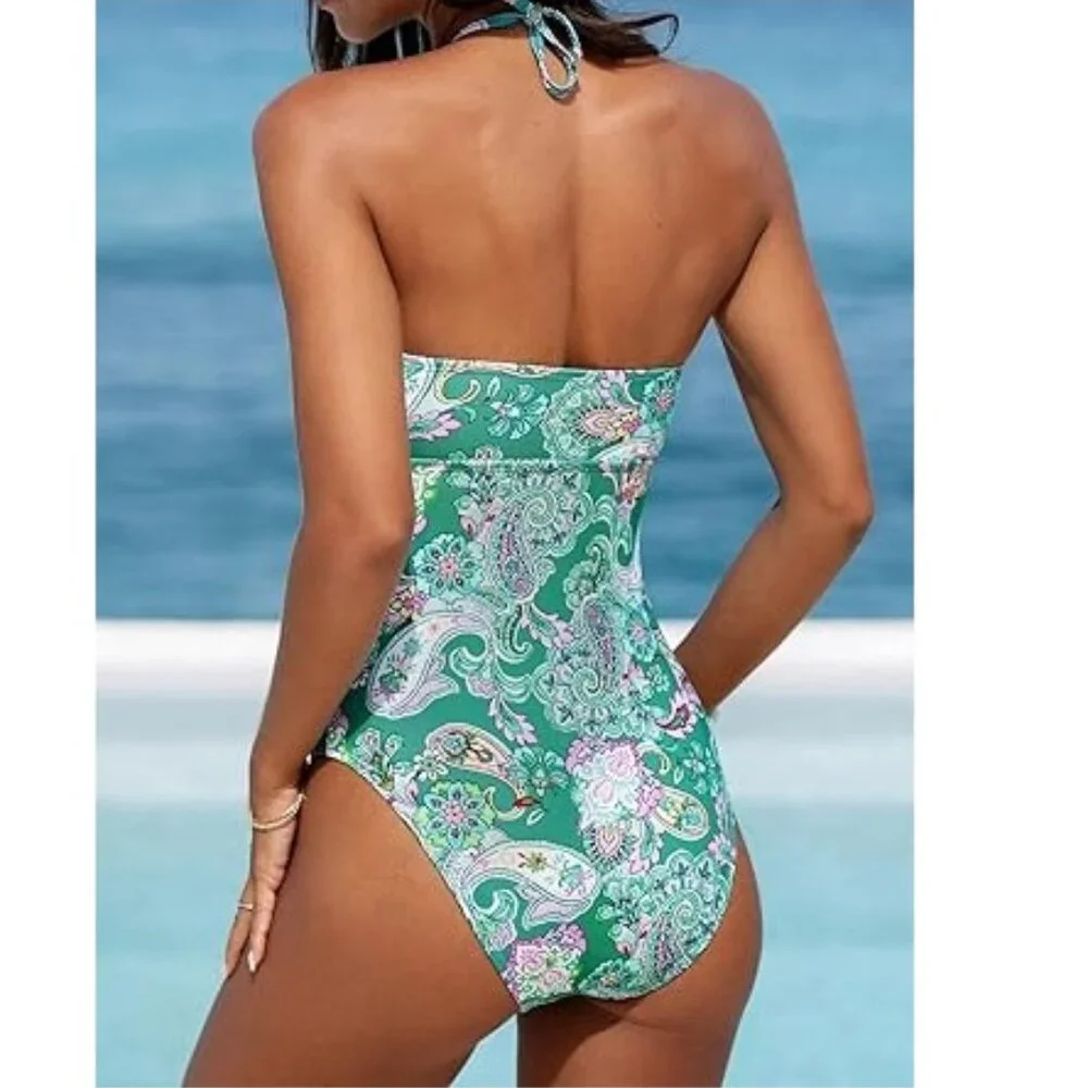 NWT Cupshe Blue Paisley Cut Out Halter Top One Piece Swimsuit Size Large